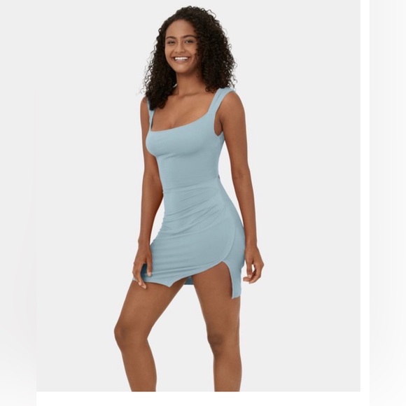 Halara Ruched Backless Tie Back Side Slit Mini Casual Dress Sterling Blue Small - Picture 1 of 5